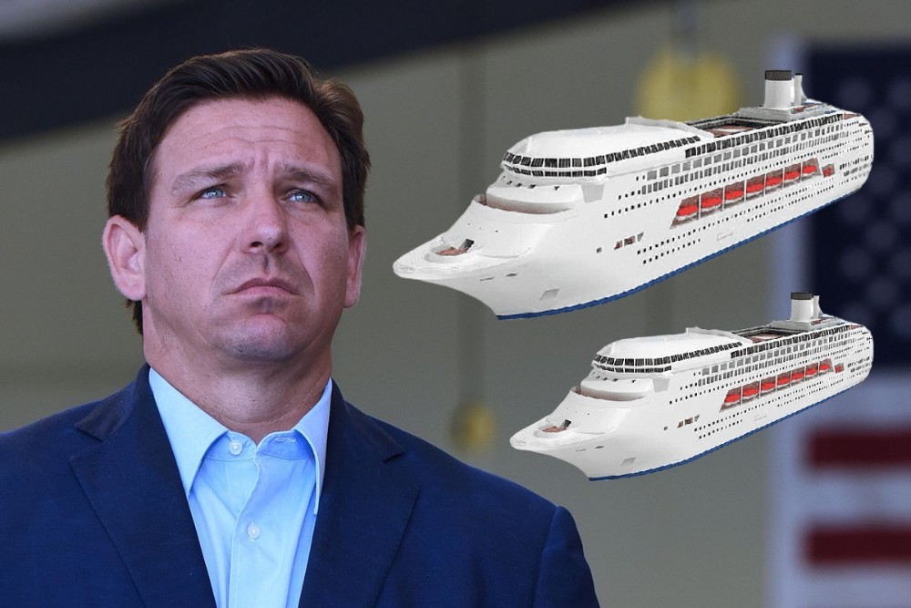 Ron DeSantis and two cruise ship illustrations