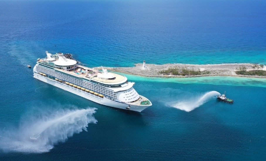 Royal Caribbean ship in the Bahamas, from the air