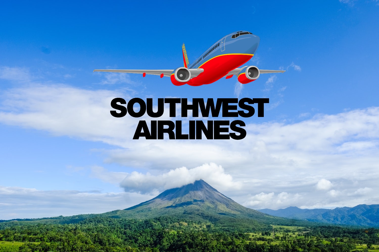 Costa Rica volcano and Southwest Airlines logo on top