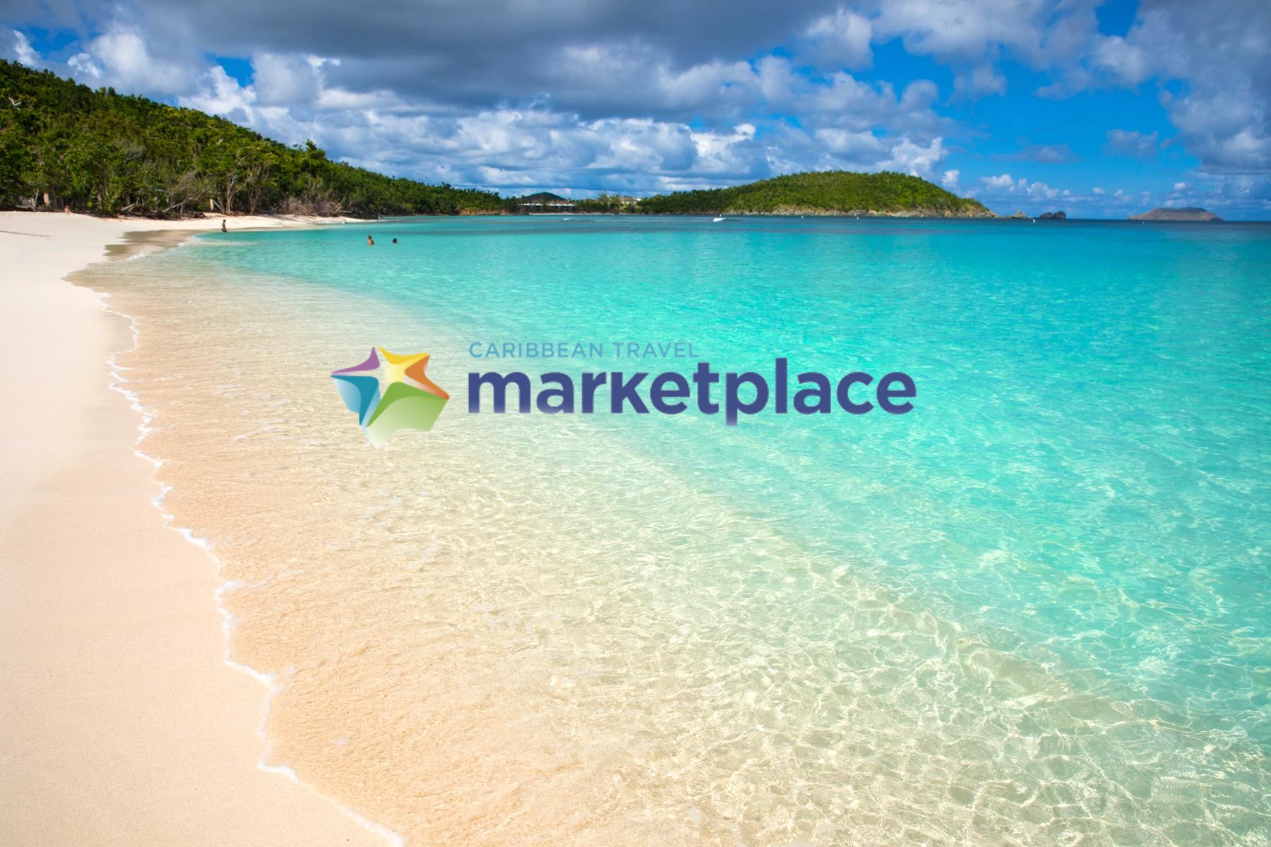 the sea on a beach and the Caribbean Travel Marketplace logo