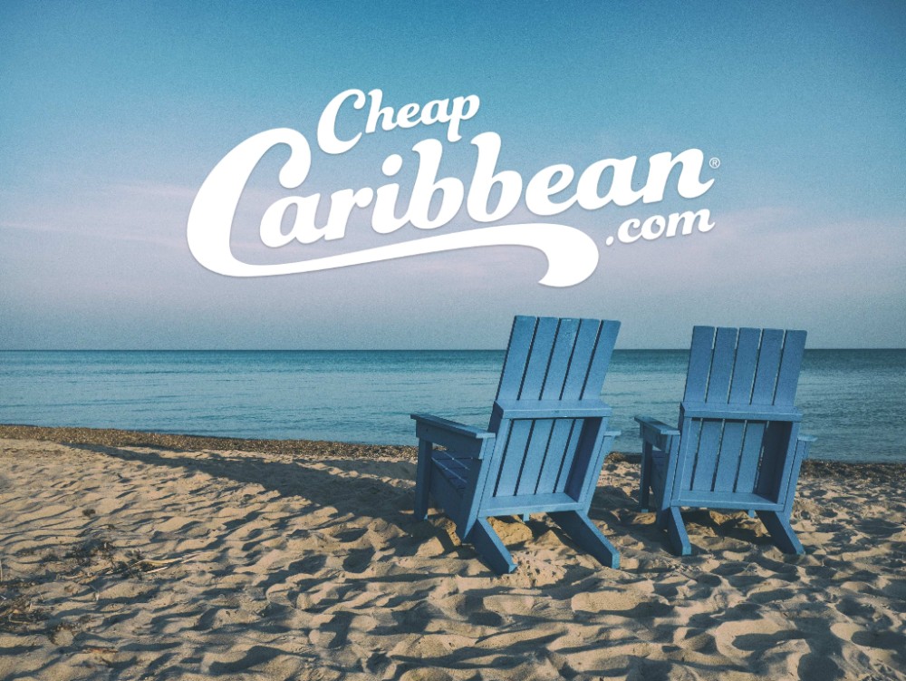 two beach lounge chairs on a beach and the CheapCaribbean logo