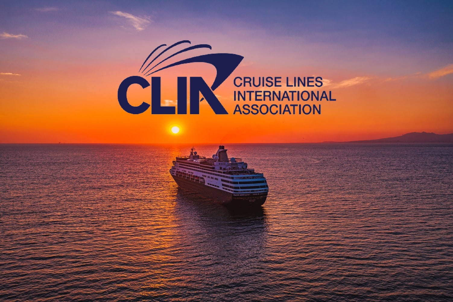 cruise liner at sunset and the CLIA logo on top