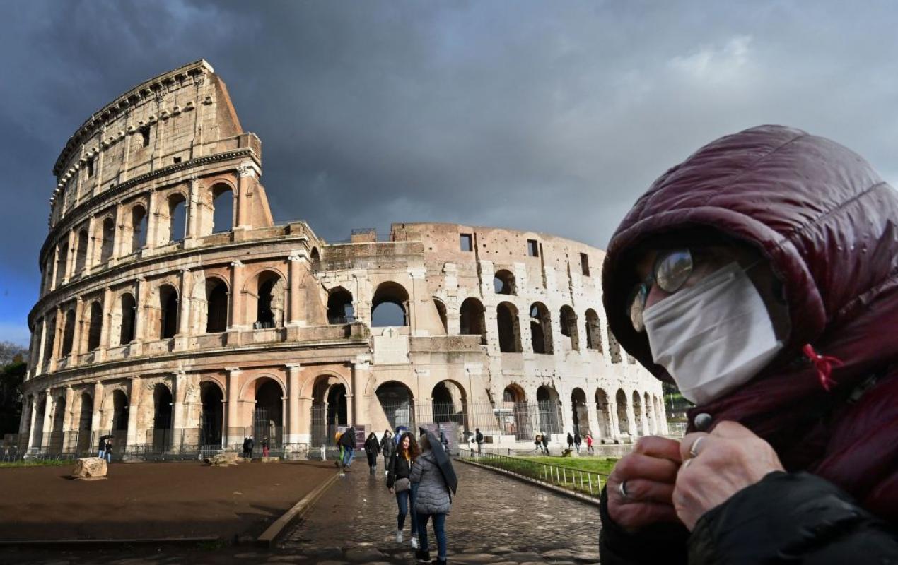 Rome Colliseum and man wearing a mask