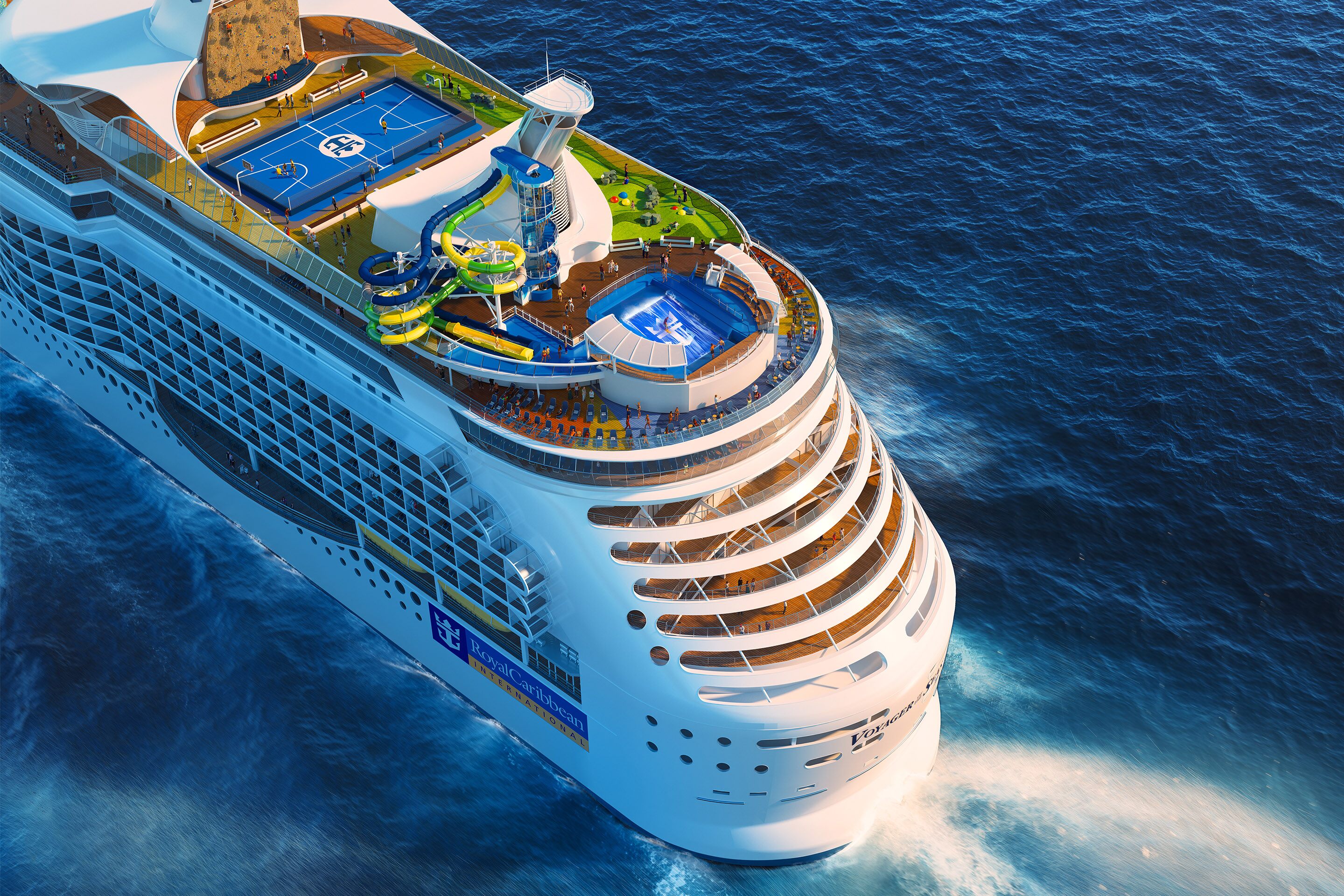 Royal Caribbean cruise ship viewed from the air