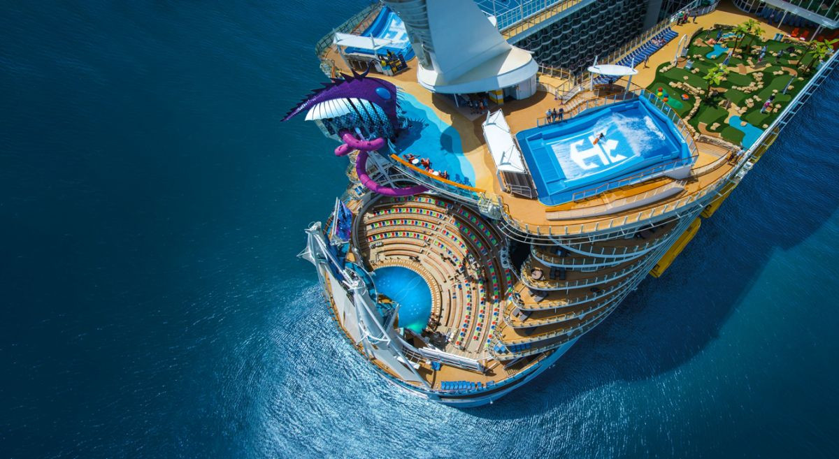 Royal Caribbean cruise ship viewed from the air