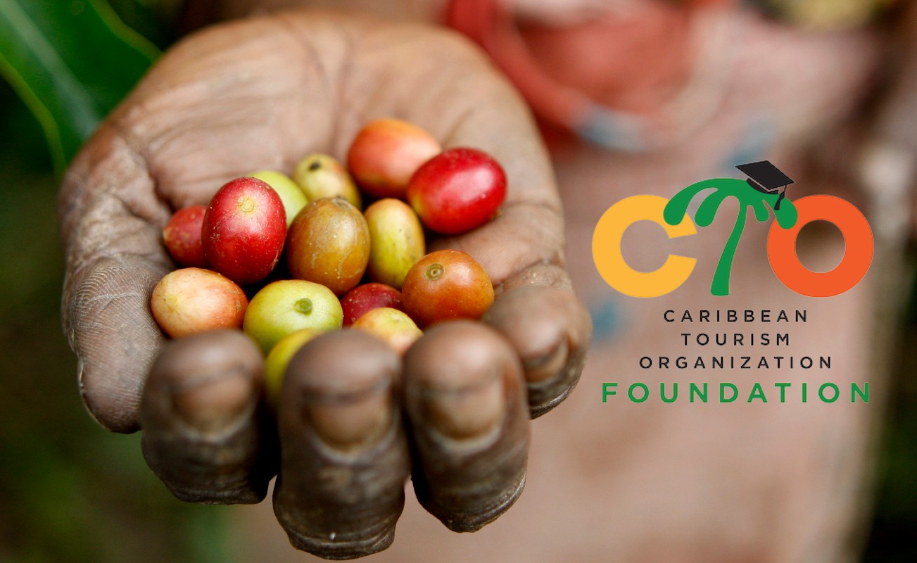 hand holding coffee beans and CTO Foundation logo on the right side