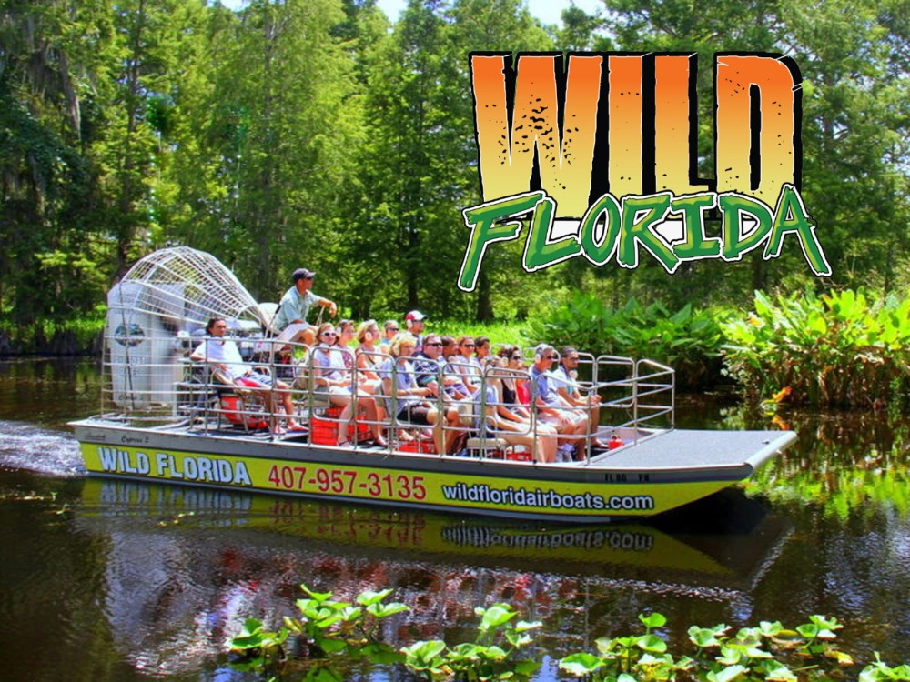 Wild Florida logo and airboat with people