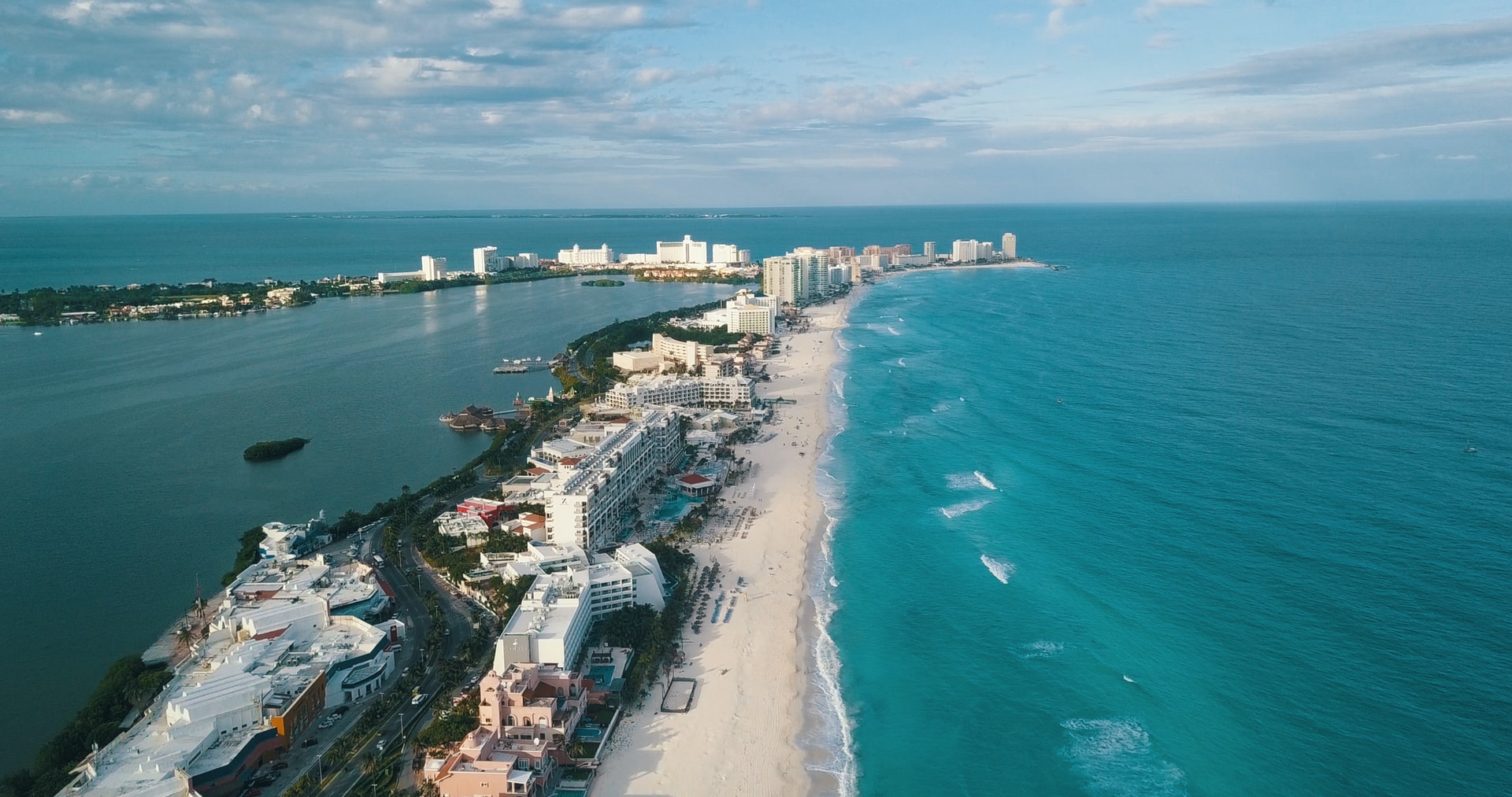 Cancun from the air, a strip of beach